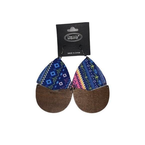 NWT Wooden Fabric Covered Boho Aztec Dangle Earrings Blue multicolor - Picture 1 of 5